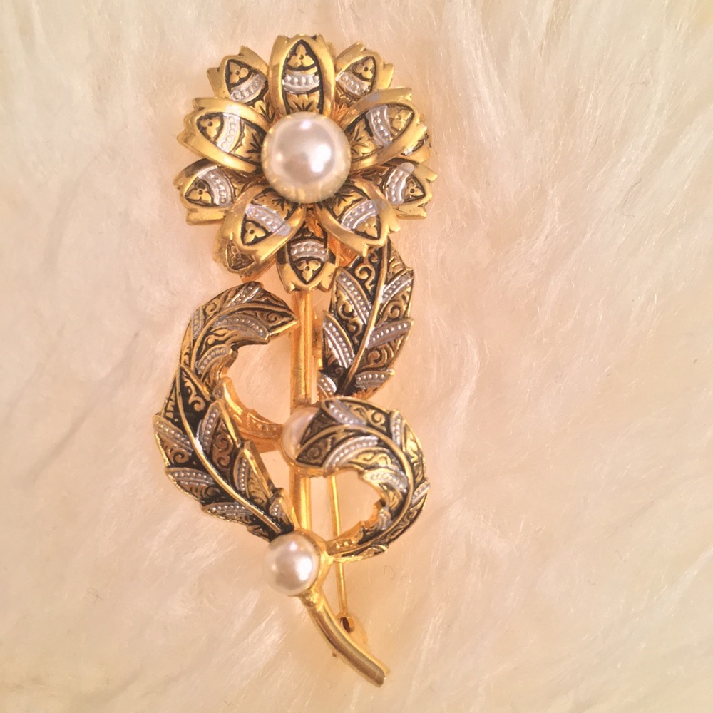 Vintage Damascene Floral Brooch